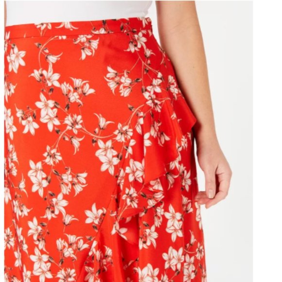 NWT Calvin Klein Ruffle Floral Midi Skirt Red 14 - Picture 3 of 4